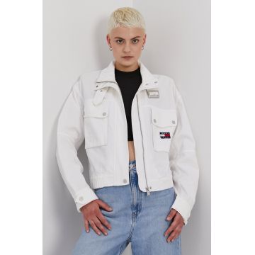 Tommy Jeans Geacă jeans femei, culoarea alb, de tranzitie, oversize