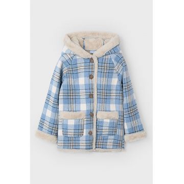 Palton in carouri cu captuseala de blana sintetica si buzunare aplicate - Alb/Albastru deschis