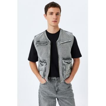 Vesta din denim cu buzunare multiple