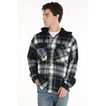 Jacheta-camasa in carouri cu gluga - Alb/Galben/Bleumarin