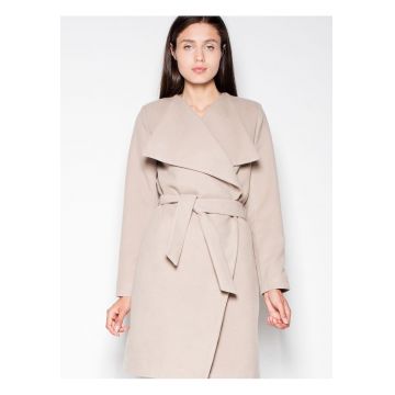 Palton dama  elegant - cu guler raspandit - bej - poliester 80% - viscoza 20%