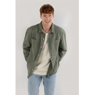 Jacheta-camasa de denim cu buzunare aplicate