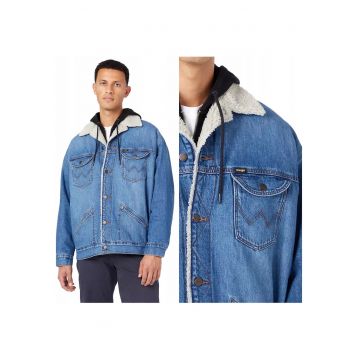 Jacheta Barbati -  Oversized Sherpa - Loose Fit - Nasturi - 100% Bumbac - 4 Buzunare - Calduroasa - Confortabila - Ideala Pentru Zile Mai Racoroase - Marimea XL - Albastru Jeans