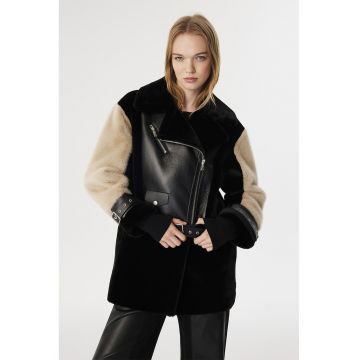 Palton cu segmente de piele ecologica - Negru