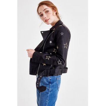 Jacheta biker din piele ecologica cu model cu stele