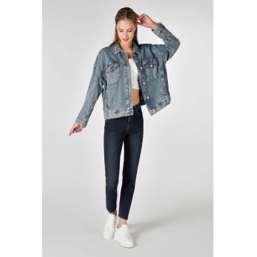 Jacheta din denim cu garnituri cu model