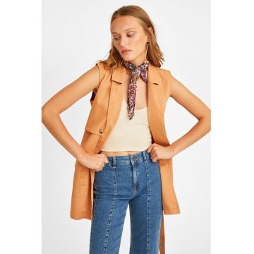 Vesta din amestec de bumbac cu revere decupate si cordon in talie