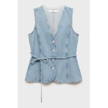 Vesta din denim cu cordon in talie