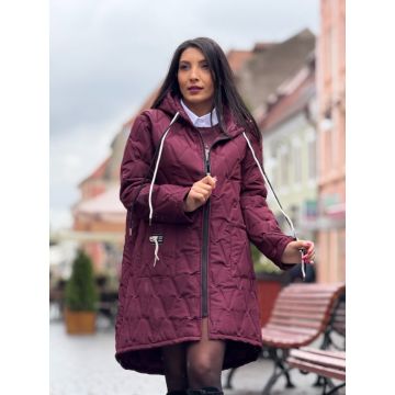 Geaca dama lunga bordo cu gluga si buzunare