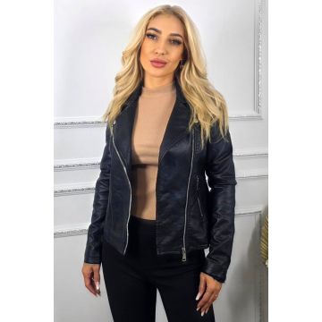 Geaca din piele ecologica NYTA, model biker cu inchidere laterala, Negru