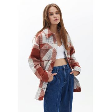 Jacheta-camasa din amestec de lana in carouri - Rosu - Gri deschis -