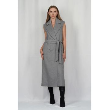 Palton lung fără mâneci cu cordon în talie - Gri