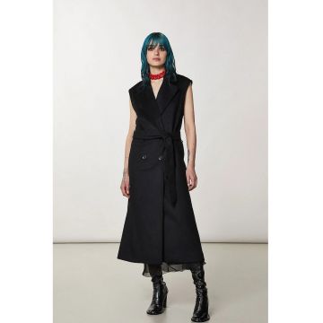 Palton lung fără mâneci cu cordon în talie - Negru