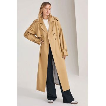 Palton supradimensionat cu cordon in talie si captuseala in dungi - Bej