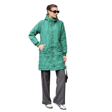 Geaca lunga dama - cu gluga -  textil - verde smarald