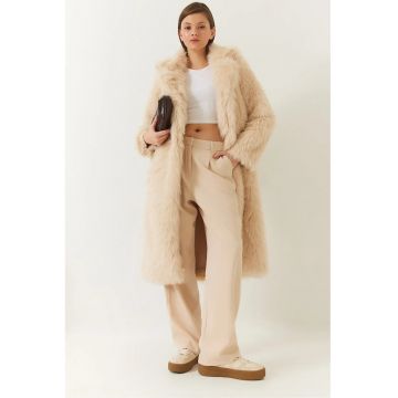 Palton lung -  Blana artificiala - Bej