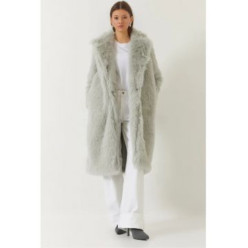Palton lung dama -  blana artificiala - gri deschis