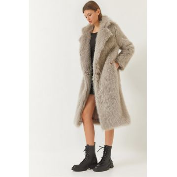 Palton lung dama -  blana artificiala - gri