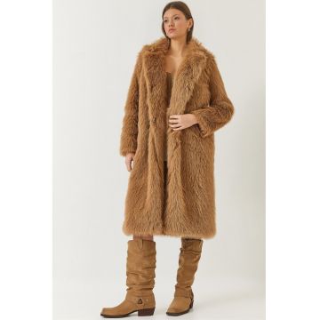 Palton lung dama -  blana artificiala - maro cognac