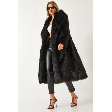 Palton lung dama -  blana artificiala - negru