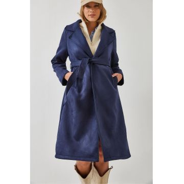 Palton lung dama -  poliester/bumbac/viscoza - bleumarin
