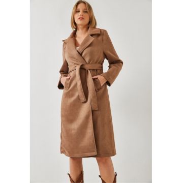 Palton lung dama -  poliester/bumbac/viscoza - maro melange