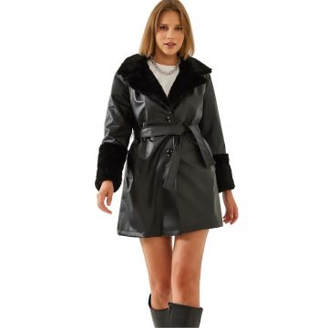 Palton scurt dama -  Piele ecologica - Negru -