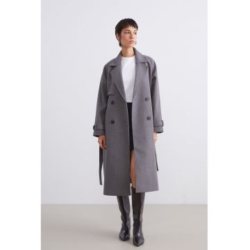 Trenci lung cu cordon in talie - Gri melange