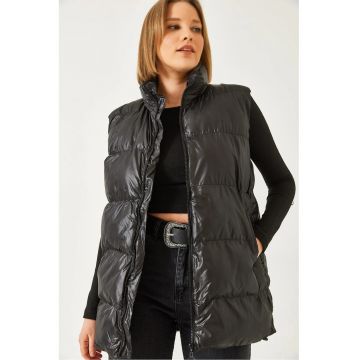 Vesta cu gluga -  piele ecologica - negru - croiala lejera