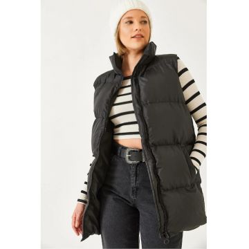 Vesta lunga din piele ecologica  gluga - fermoar - negru - poliester