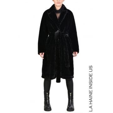 Haină din blană artificială cu cordon și nasturi metalici - Negru