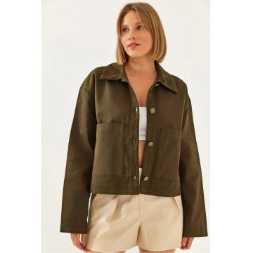 Jacheta scurta dama - piele ecologica brodata -  verde