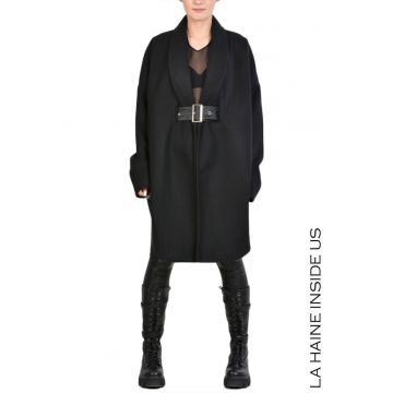 Palton asimetric - supradimensionat - din panza captusita - curea detasabila - Negru