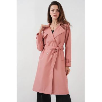 Palton dama -  captusit - cu doua randuri de nasturi - roz - poliester