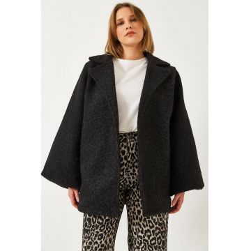 Palton dama  texturat din fetru cu guler sal - negru - material textil -