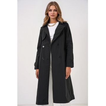 Palton dama HiCCUP - trench lung cu doua randuri de nasturi si buzunare - negru - poliamida