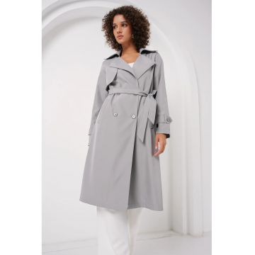 Palton pentru dama -  captusit - cu doua randuri de nasturi - poliester - gri