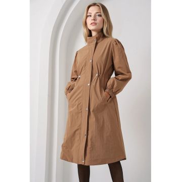 Palton pentru dama - HiCCUP - lung - cu captuseala - poliamida - maro