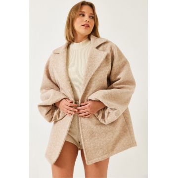 Palton  texturat din fetru cu guler sal - bej - material textil -