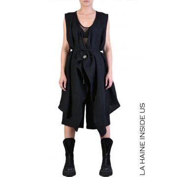 Vesta asimetrica din in - cordon detasabil - prindere nasture - Negru