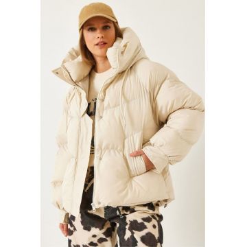 Geaca pufoasa cu gluga -  piele ecologica - textil - crem - Geaca pufoasa cu gluga -  piele ecologica - textil - crem -