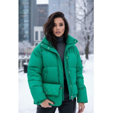 Jacheta  puf - verde - scurta - casual - cu guler ridicat - fermoar - buzunare