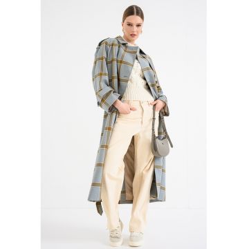 Trenci lung din amestec de lana cu model in carouri