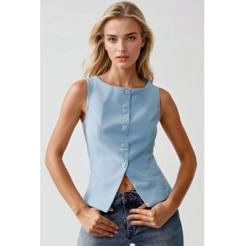 Vesta  fara maneci - cu guler rotund - cu nasturi - textil - albastru