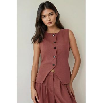 Vesta pentru dama -  ajustata - texturata - textil - maro