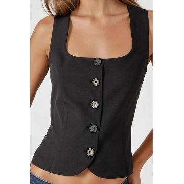 Vesta pentru dama -  guler patrat - textil - negru