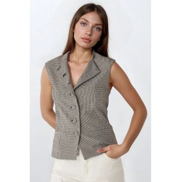 Vesta pentru dama -  model in carouri - mulata - guler rotund - textil - bej/gri
