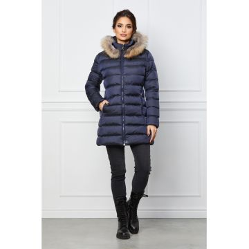 Geaca bleumarin cu blanita naturala la gluga Geaca bleumarin cu blanita naturala la gluga