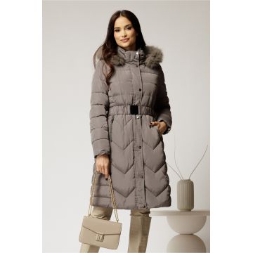 Geaca dama gri cu cordon cu catarama in talie Geaca dama gri cu cordon cu catarama in talie