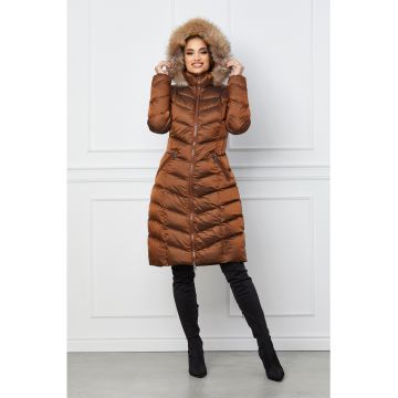 Geaca lunga maro cu blanita naturala la gluga